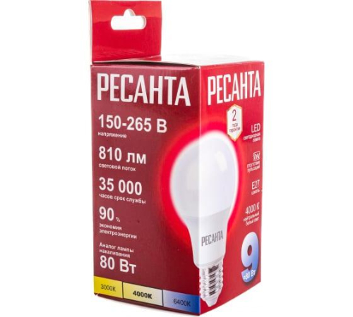 Лампа светодиодная LL-R-A60-9W-230-4K-E27 Груша 9Вт нейтр. E27 Ресанта 76/1/14