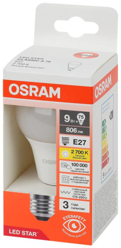 Лампа светодиодная LED Star 9Вт 2700К тепл. бел. E27 806лм A угол пучка 180град. 170-250В (замена 75Вт) матов. пластик OSRAM 4058075695740