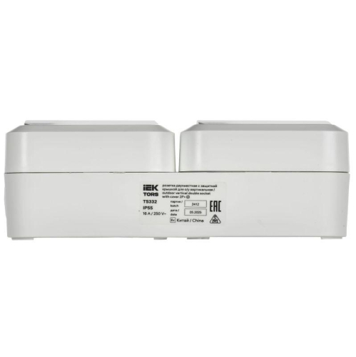 Розетка 2-м ОП TORS 16А IP55 TS332 вертик. с заземл. с крышкой бел. IEK TS-R26-16-55-V-K01