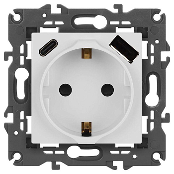 Розетка ЭРА Elegance 14-4108-01 2P+E 16A-250В со шторками с USB type-A+C 5В-3А белый Эра Б0067736