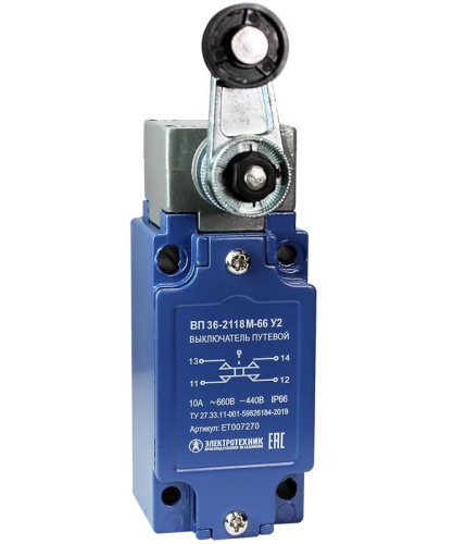 Выключатель путевой ВП 36-2118М-66 У2 1НО+1НЗ 3А IP66 рычаг с пластиковым роликом безинерционный 30х60мм без сальника Электротехник ET007270