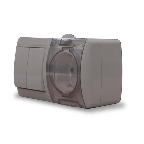 Блок ОП Клио 2-кл. выкл. 10А + розетка 1-м 16А 250В с заземл. с прозр. крышкой сер. Universal К2239-Gr