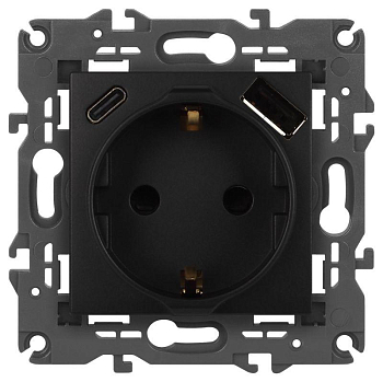 Розетка ЭРА Elegance 14-4108-05 2P+E 16A-250В со шторками с USB type-A+C 5В-3А антрацит Эра Б0067724