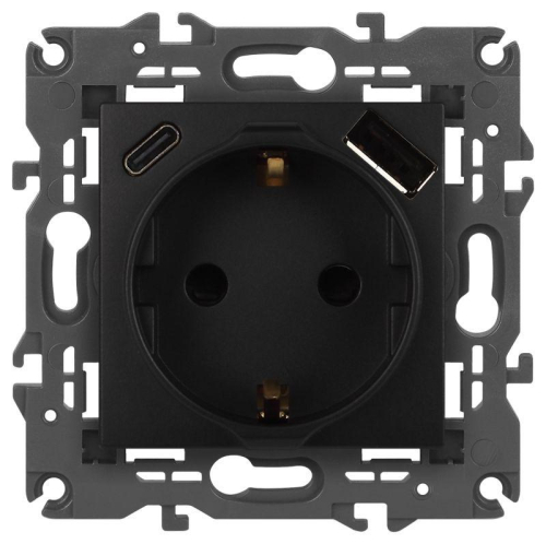 Розетка ЭРА Elegance 14-4108-05 2P+E 16A-250В со шторками с USB type-A+C 5В-3А антрацит Эра Б0067724