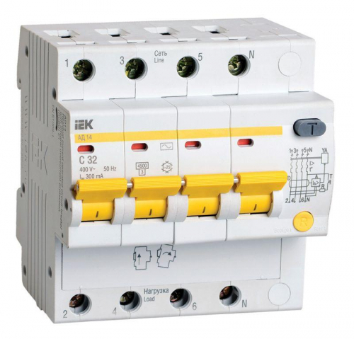 Выключатель автоматический дифференциального тока 4п C 32А 300мА тип AC 4.5кА АД-14 IEK MAD10-4-032-C-300