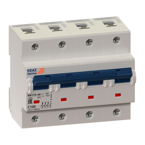 Выключатель автоматический модульный 4п (3P+N) C 100А 6кА OptiDin BM125-4NC100-8ln-УХЛ3 КЭАЗ 138593