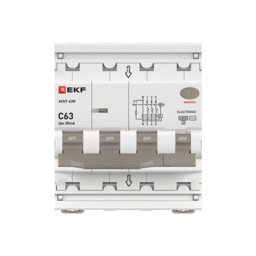 Выключатель автоматический дифференциального тока 4п (3P+N) C 63А 30мА тип AC 6кА АВДТ-63N электронный PROxima EKF D63N46E63C30