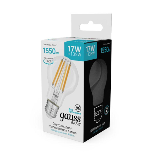 Лампа светодиодная филаментная Basic Filament А60 17Вт 4100К Е27 1550лм GAUSS 10212272
