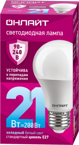 Лампа светодиодная 90 406 OLL-A60-21-230-6.5K-E27 21Вт грушевидная 6500К E27 90-240В PRO ОНЛАЙТ 90406