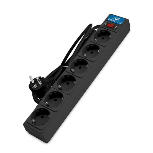 Удлинитель с сетевым фильтром 6х1.8м с заземл 10А IP20 2.2кВт ПВС 3х1 с выкл. черн. DOMTOK 2521