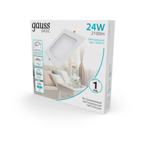 Светильник светодиодный Basic Downlight 24Вт 4000К IP20 2100лм 170-260В 220х26 квадрат бел. GAUSS 9031520224