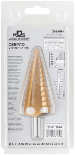 Сверло ступенчатое HSS по металлу 12 ступеней 6-9-13-16-19-21-23-26-29-32-35-38мм MOS 36386М