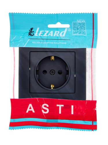 Розетка 1-м СП ASTI 16А IP20 с заземл. защ. шторки термопласт в сборе черн. бархат. LEZARD 7081-4242-124B