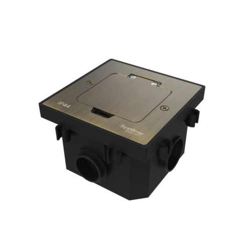 Лючок MultiDesk MDK21 с розеткой 2P+E 16А 250В IP44 с монтажной коробкой для бетонных полов античная латунь SE MDK21202BC