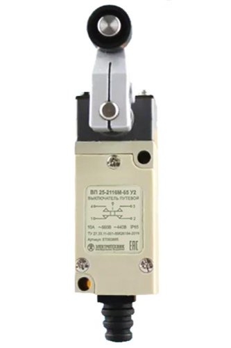 Выключатель путевой ВП 25-2118М-65 У2 рычаг с пластик. роликом 1з+1р безинерционный 21х56мм 3А IP65 Электротехник ET003891