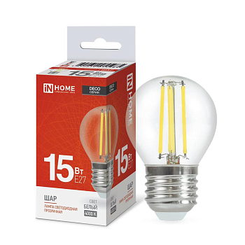 Лампа светодиодная филаментная LED-ШАР-deco шар прозрачная 15Вт 230В E27 4000К 1435лм IN HOME 4690612055985