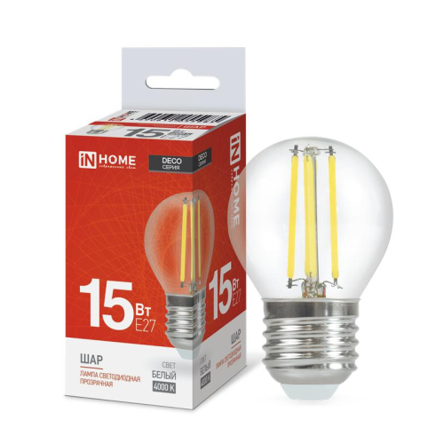 Лампа светодиодная филаментная LED-ШАР-deco шар прозрачная 15Вт 230В E27 4000К 1435лм IN HOME 4690612055985