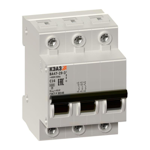 Выключатель автоматический модульный 3п C 10А 4.5кА ВА47-29-3C10-УХЛ3 КЭАЗ 141610