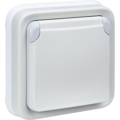 Розетка 1-м СП Plexo 16А IP55 250В 2P+E с заземл. с крышкой немецк. стандарт винт. клеммы бел. Leg 069869