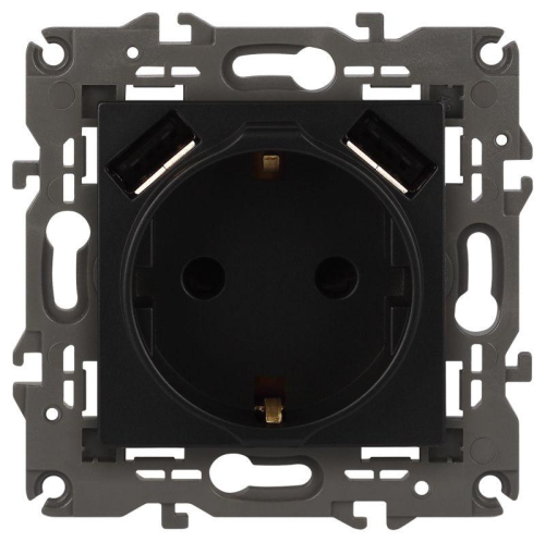 Розетка 16А 250В 2P+E с 2хUSB 5В-3А защ. шторки Elegance антрацит 14-4109-05 ЭРА Б0047871