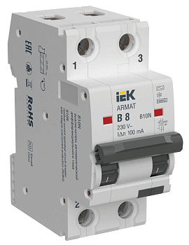 Выключатель автоматический дифференциального тока 2п B 8А 100мА тип AC АВДТ B10N ARMAT IEK AR-B10N-2-B008C100