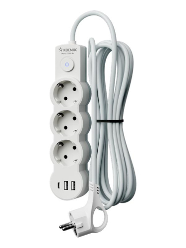 Удлинитель 3х1.5м с заземл. 10А IP20 USB 2800Вт 220В ПВС 3х1 с выкл. бел. КОСМОС YKsm1.5m3g-Z-VU10А-W