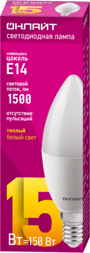 Лампа светодиодная 90 452 OLL-C37-15-230-2.7K-E14-FR 15Вт свеча 2700К тепл. бел. E14 1500лм 176-264В ОНЛАЙТ 90452