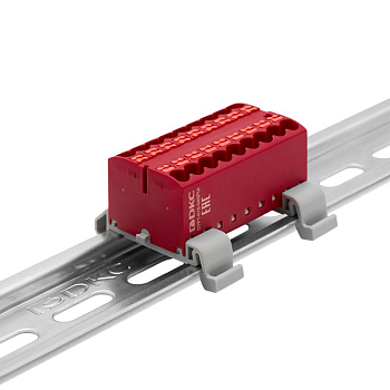 Блок распределительный с горизонт. адаптером на рейку шир. 35мм зажим push-in 18 точек подключения 2.5кв.мм красн. DKC DTP1-018-04SPUR-H