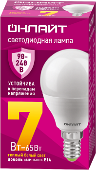 Лампа светодиодная 90 541 OLL-G45-7-230-2.7К-E14-FR 7Вт шар 2700К E14 90-240В PRO ОНЛАЙТ 90541