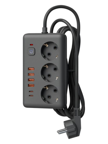 Удлинитель с сетевым фильтром 3х1.5м 10А 4USB + 2USBC 2500Вт ПВС 3х1 прямоуг. черн. КОСМОС FKsm1.5m-3gPF(B)USB