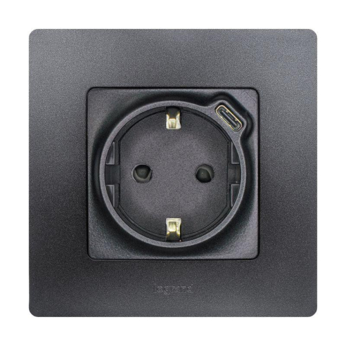 Розетка USB C Etika 16А 250В 1500мА 7.5Вт с заземл. защ. шторки безвинт. зажимы антрацит IEK 672688