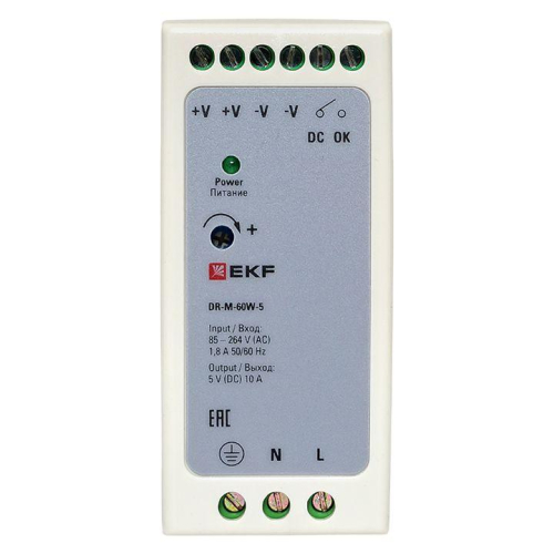 Блок питания на дин рейку 60Вт Uвх 260В AC m Uвых 5В DC постоянного тока EKF DR-M-60W-5