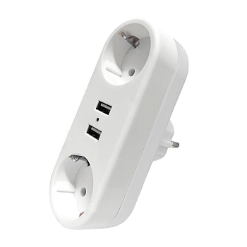 Разветвитель 2-м плоский с заземл.16А 2USB А+А 2.4А 3500Вт бел. DOMTOK 2732