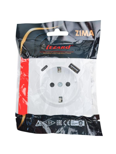Розетка 1-м СП ZIMA IP20 Type-C + USB с заземл. механизм бел. LEZARD 704-0288-181TC