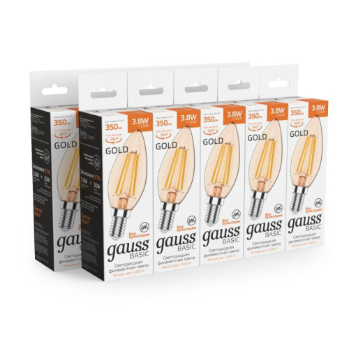 Лампа светодиодная филаментная Basic Filament 3.8Вт Свеча 2400К Е14 350лм golden GAUSS 1037154