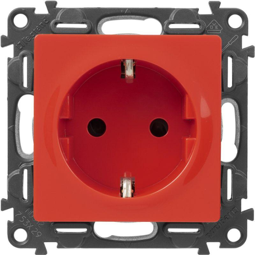 Розетка 1-м СП Valena Life 16А IP20 250В 2P+E защ. шторки безвинтов. клеммы с лицев. панелью механизм красн. Leg 753129