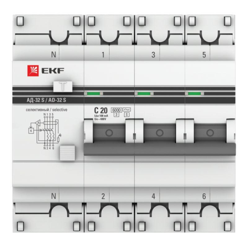 Выключатель автоматический дифференциального тока 3P+N 20А 100мА АД-32 (селективный) PROxima EKF DA32-6-20-100S-4P-pro