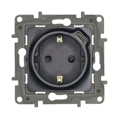 Розетка USB C Etika 16А 250В 1500мА 7.5Вт с заземл. защ. шторки безвинт. зажимы антрацит IEK 672688