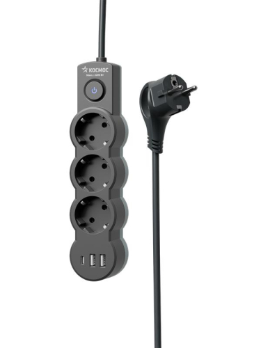 Удлинитель 3х1.5м с заземл. 10А IP20 USB 2800Вт 220В ПВС 3х1 с выкл. черн. КОСМОС YKsm1.5m3g-Z-VU10А-B