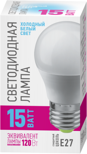 Лампа светодиодная 90 439 OLL-G45-15-230-6.5K-E27-PROMO 15Вт шар 6500К E27 220-240В ОНЛАЙТ 90439