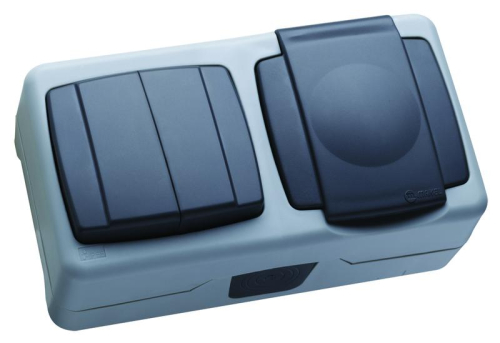 Выключатель двухклавишный + розетка с крышкой с винтовым зажимом блок IP55 Makel 36064203