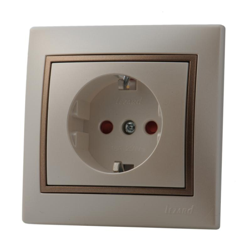 Розетка 1-м СП Mira 16А IP20 с заземл. защ. шторки керамика свет. корич./жемчуж./бел. метал. LEZARD 701-3031-124