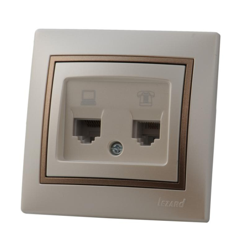 Розетка компьютерная + телефонная 2-м Mira RJ45 + RJ11 жемчуж./бел. метал./свет. корич. метал. LEZARD 701-3031-143