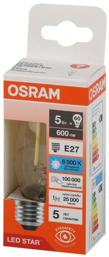 Лампа светодиодная филаментная LSCLB60 5W/865 230VFILCL 5Вт 6500К холод. бел. E27 600лм B угол пучка 300град. 220-240В (замена 60Вт) прозр. стекло OSRAM 4058075688070