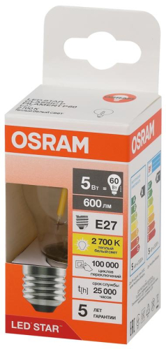 Лампа светодиодная филаментная LSCLP60 5W/827 230VFILCL 5Вт 2700К тепл. бел. E27 600лм P угол пучка 300град. 220-240В (замена 60Вт) прозр. стекло OSRAM 4058075684669