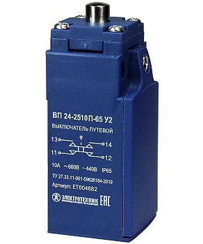 Выключатель путевой ВП 24-2510П-65 У2 толкатель 1з+1р инерционный 20мм без сальника 3А IP65 Электротехник ET004682
