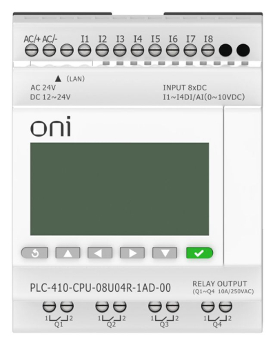 Модуль ЦПУ ПЛК 410 4 DI 4 UI (0-10 В/DI) 4 RO 12В-24В DC или 24В AC с Ethernet портом с экраном ONI PLC-410-CPU-08U04R-1AD-00