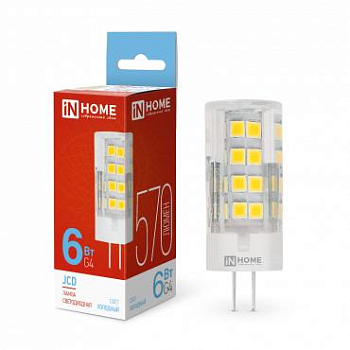 Лампа светодиодная LED-JCD 6Вт капсульная прозрачная 6500К холод. бел. G4 570лм 230В IN HOME 4690612036168