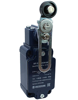 Выключатель путевой ВП 36-2545М-66 У2 рычаг с пластик. роликом регулир. по длине 1з+1р инерционный 30х60мм без сальника 3А IP66 Электротехник ET007280