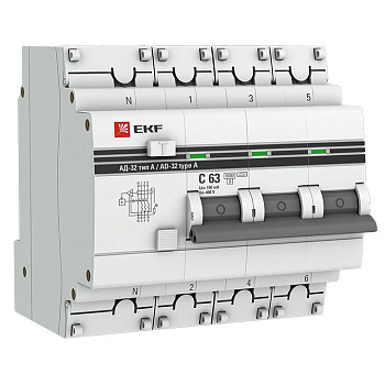 Выключатель автоматический дифференциального тока 4п (3P+N) C 63А 100мА тип A 6кА АД-32 защита 270В электрон. PROxima EKF DA32-6-63-100-4P-a-pro